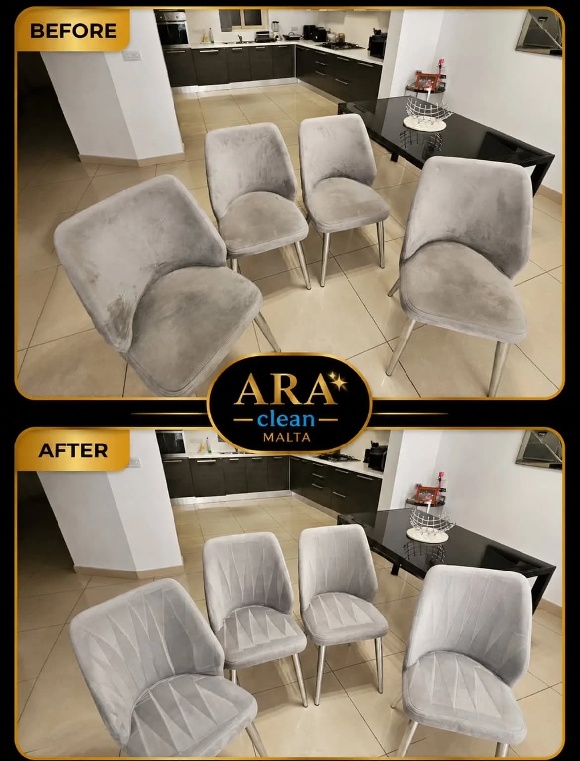 Set of fabric dining chairs cleaned on-site in Malta