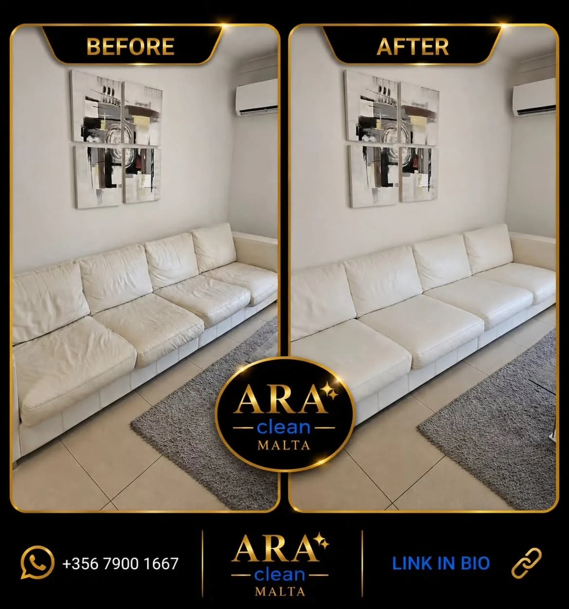 Cream leather sofa cleaned on-site in Malta
