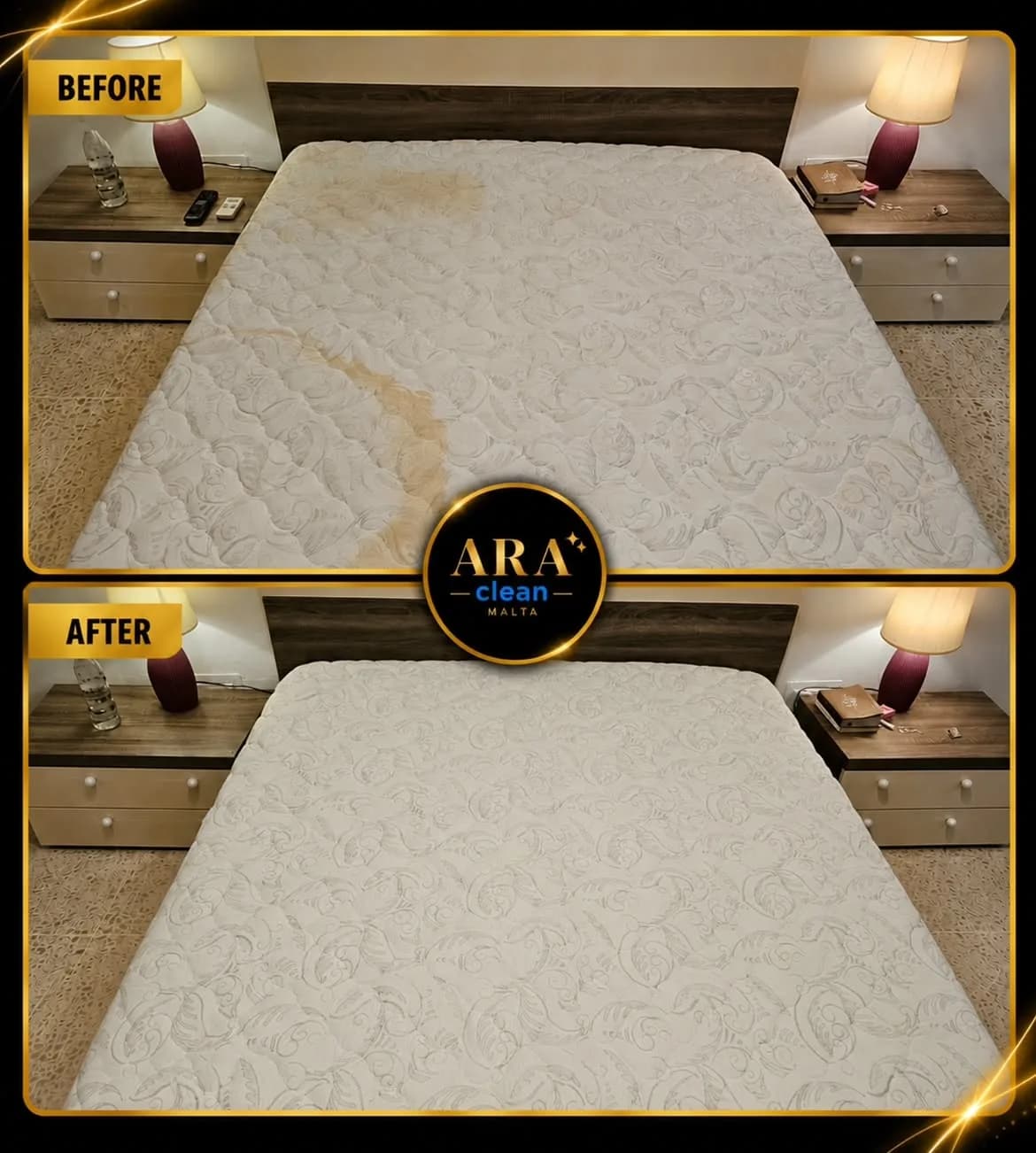 Mattress stain removed after professional deep cleaning in Malta