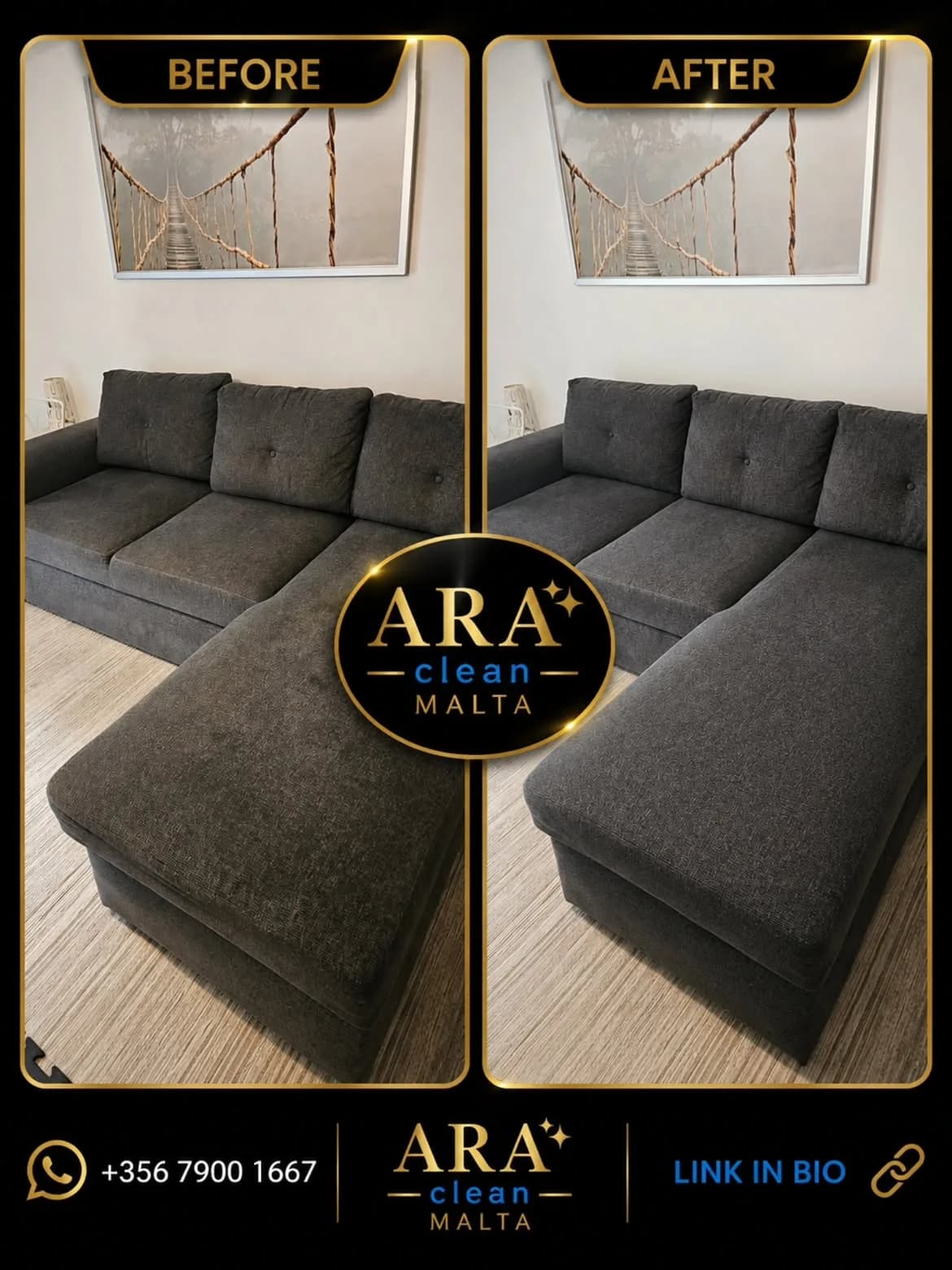 Dark grey fabric sofa cleaned on-site in Malta