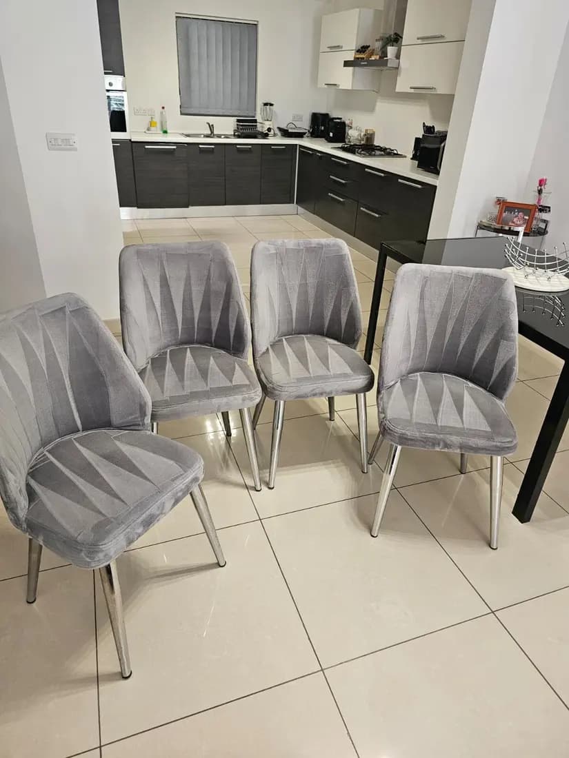 grey velvet dining chairs after cleaning by ARA Clean Malta