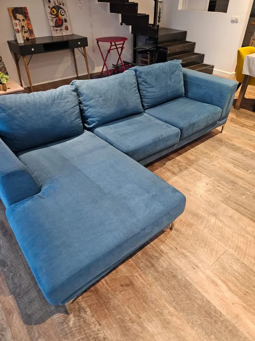 light blue fabric chaise sofa after professional cleaning by ARA Clean Malta